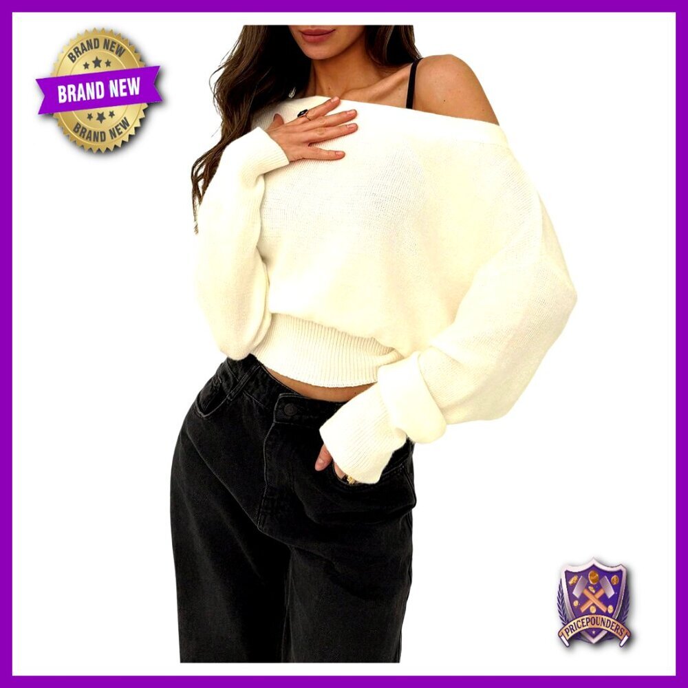 Off Shoulder Knit Sweater Long Sleeve Pullover Cinched Waist Tops
